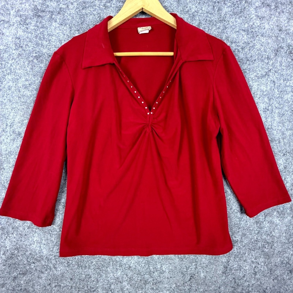 Vintage Gemini Blouse Top Womens XL Red Y2K Stretch Rhinestone‎ Collared